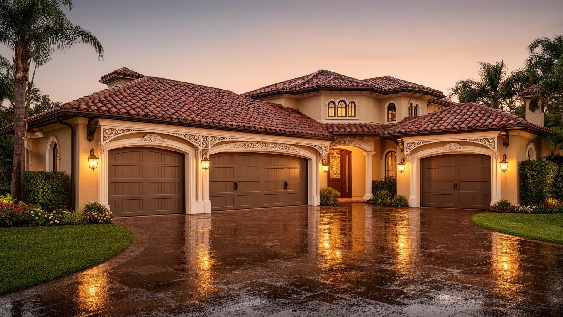 Beautiful Mediterranean home with elegant Victorian style garage doors in Watertown CT